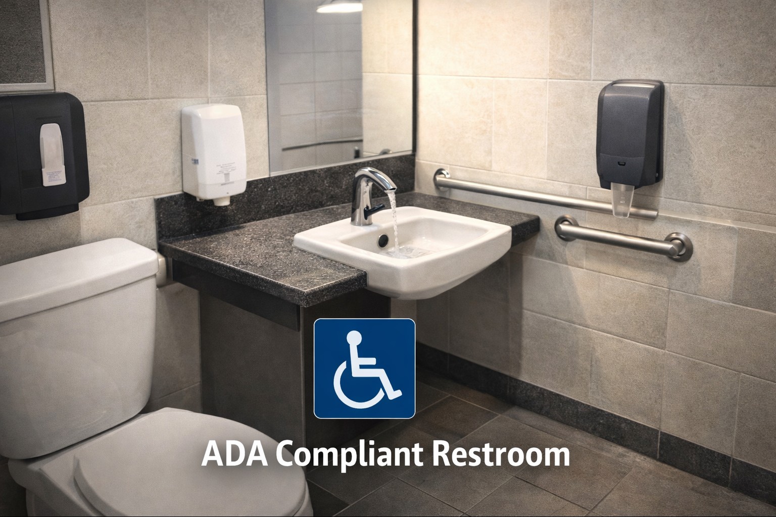 ADA compliant restroom with accessibility features