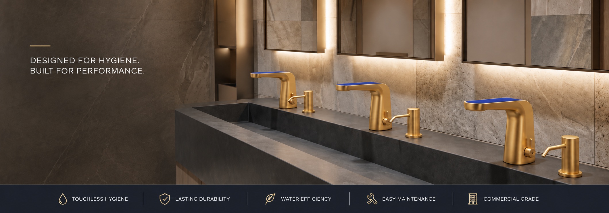 Bronze touchless faucet and soap dispenser beside a basin in a warm marble restroom interior