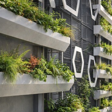Facade planting modules with wind buffering strategy