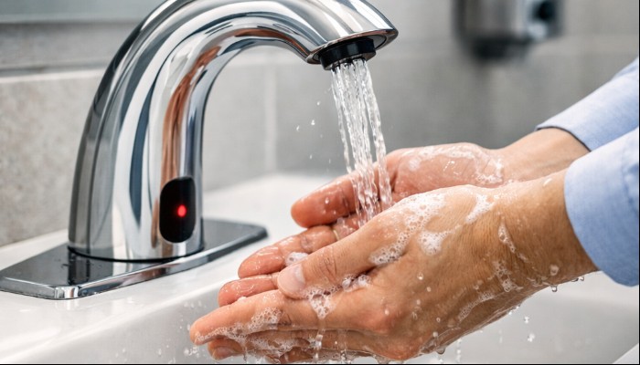 Hands-free sensor faucet in use