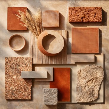 Natural analogue material palette with wood, stone, and textured finishes