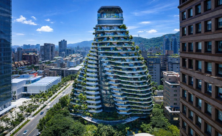 Sky garden or atrium integrated into a vertical mixed-use tower