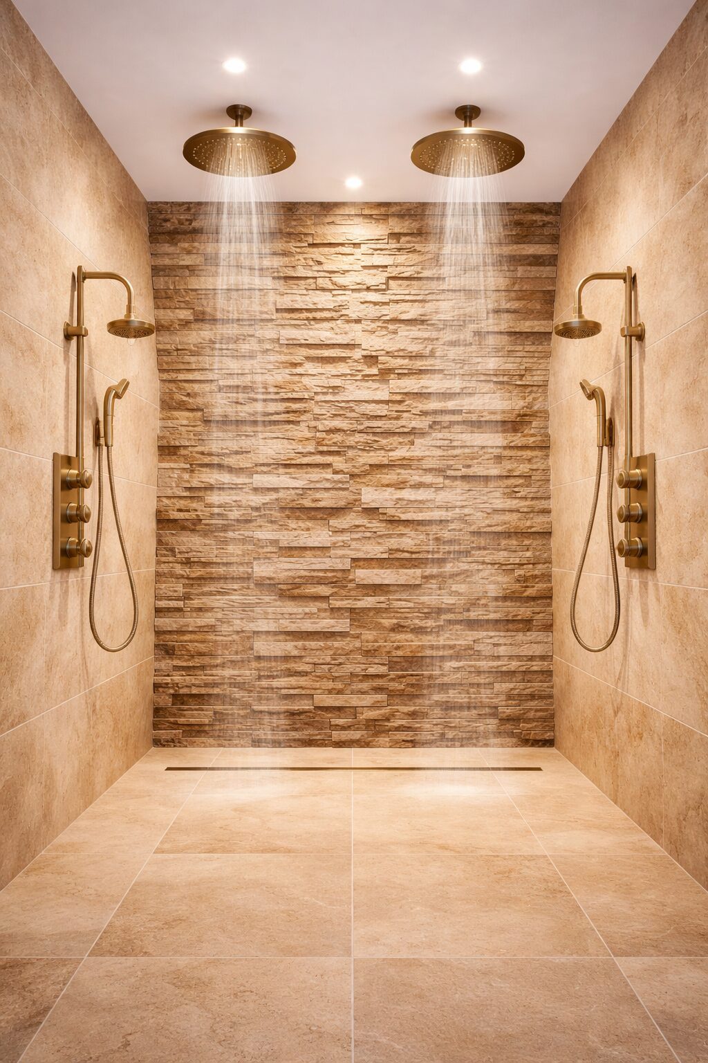 High-performance shower panel with LED features installed in a modern commercial bathroom setting