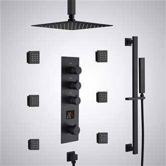Matte black high-pressure shower head installed in a compact contemporary bathroom