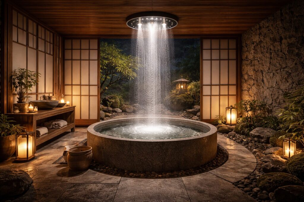 Spa-like architectural environment inspired by natural water and materials