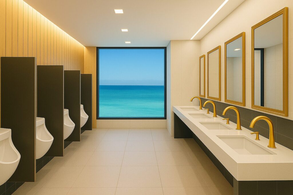 Modern bathroom with coordinated fixtures and biophilic ambiance