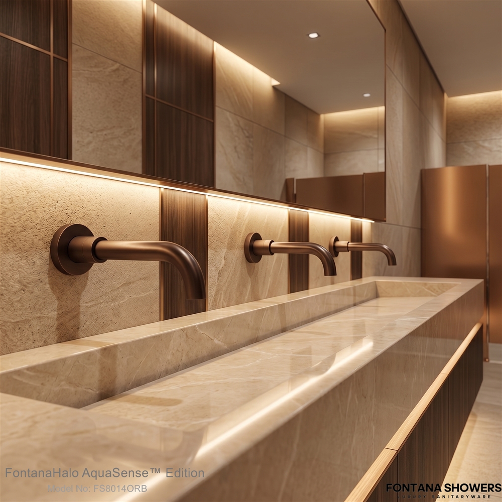Touchless faucets in a commercial restroom
