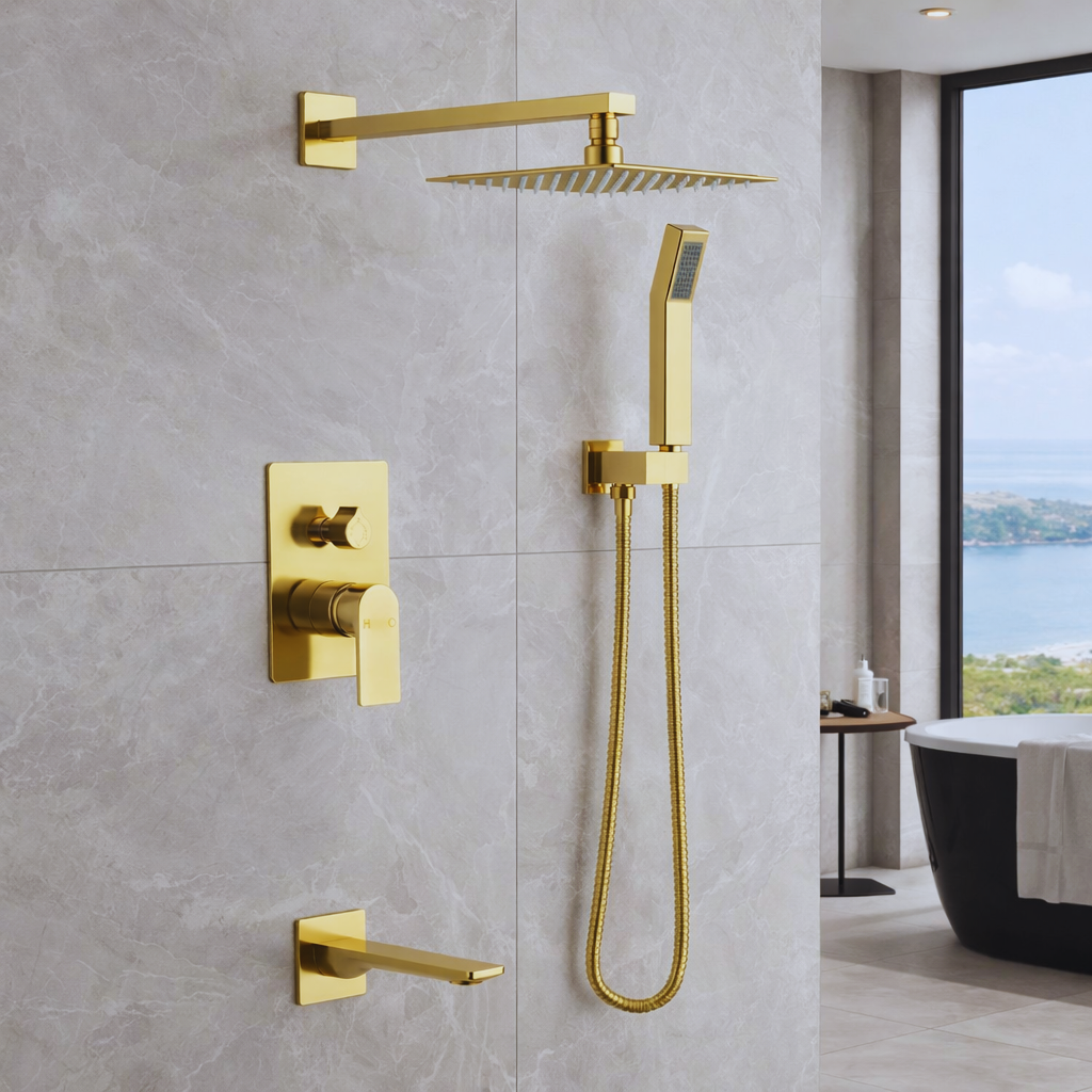 Brushed gold LED shower finish coordination
