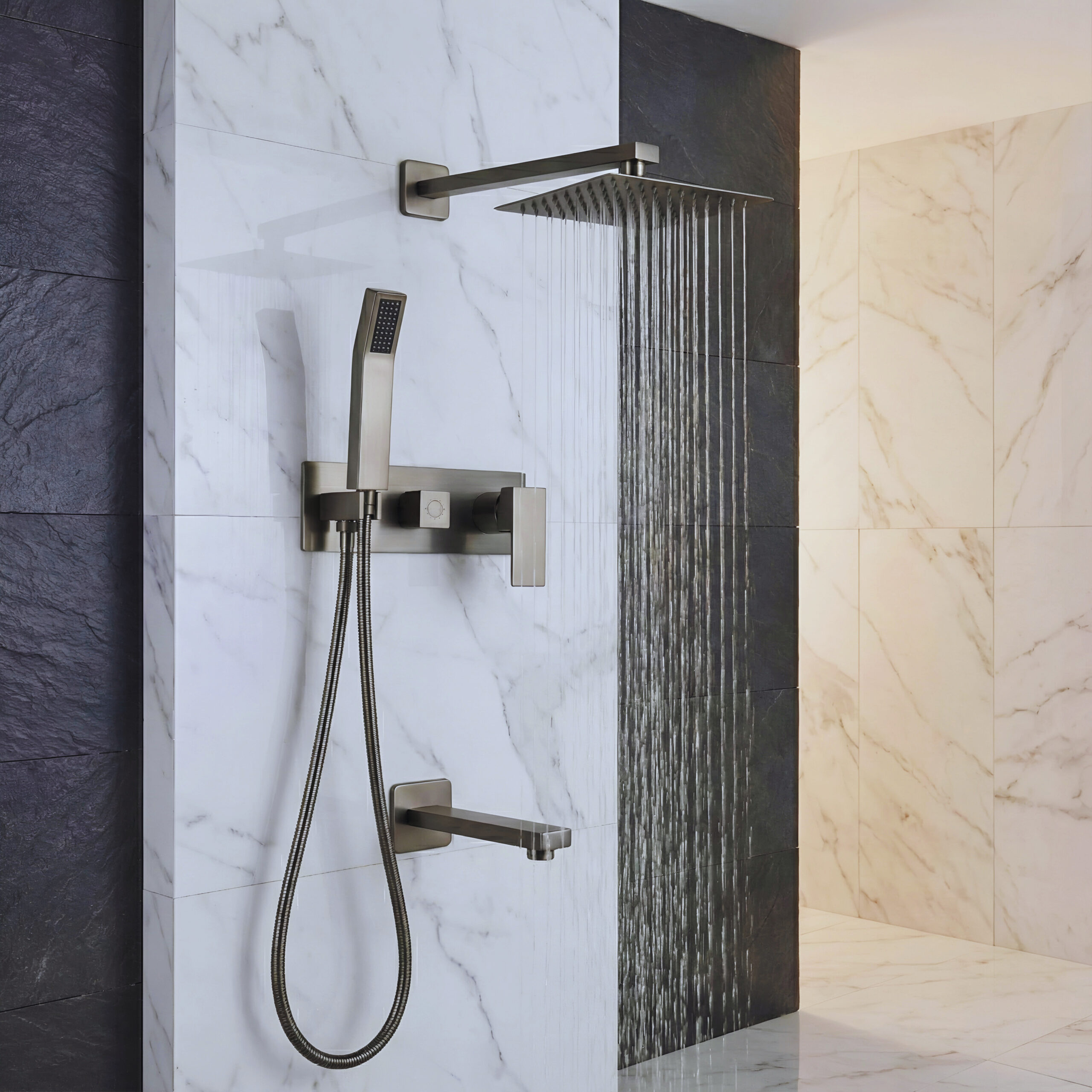 Contemporary bathroom design with minimalist fixtures and premium shower panel setup