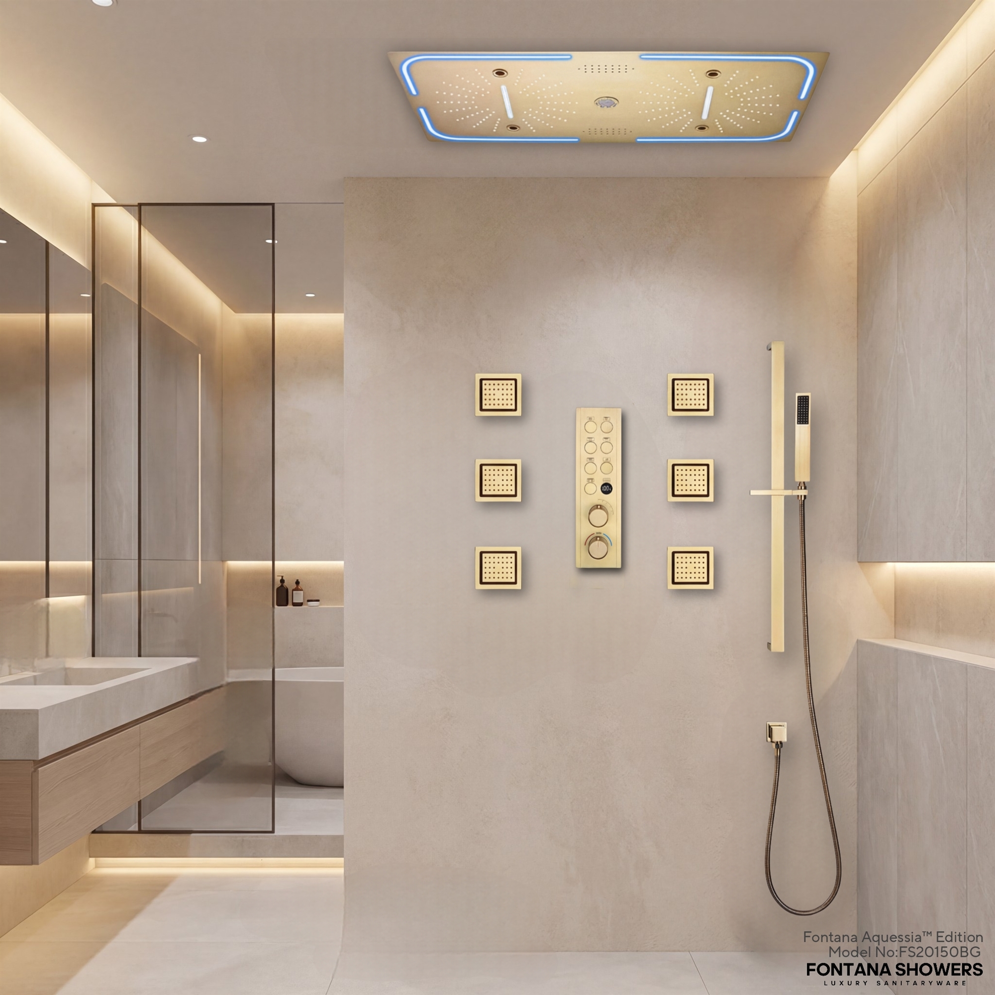 Brushed gold LED and music shower system in square technical frame