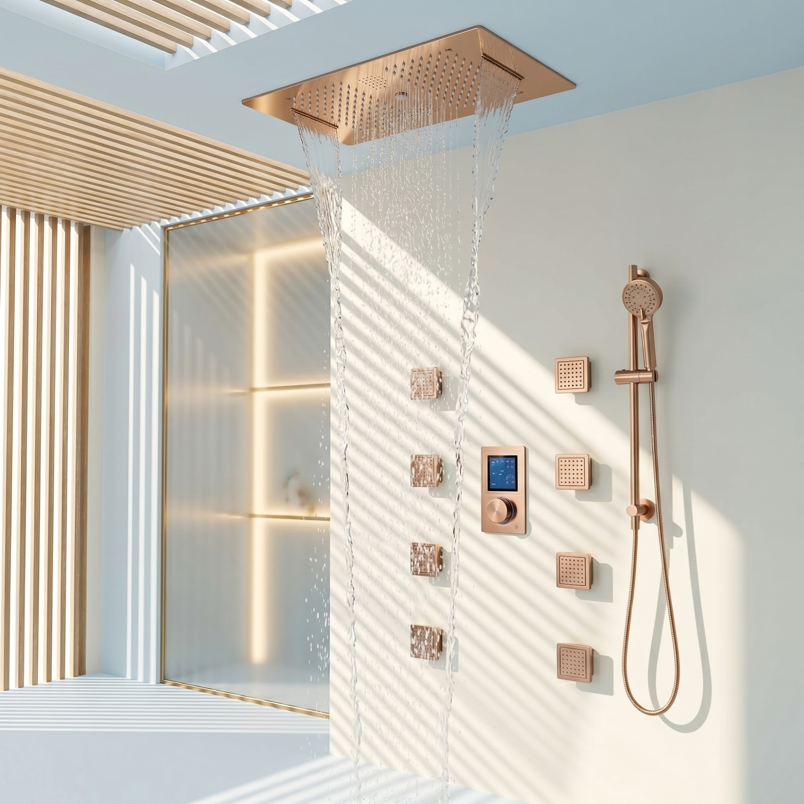 Gold high pressure rainfall shower with LED and body jets