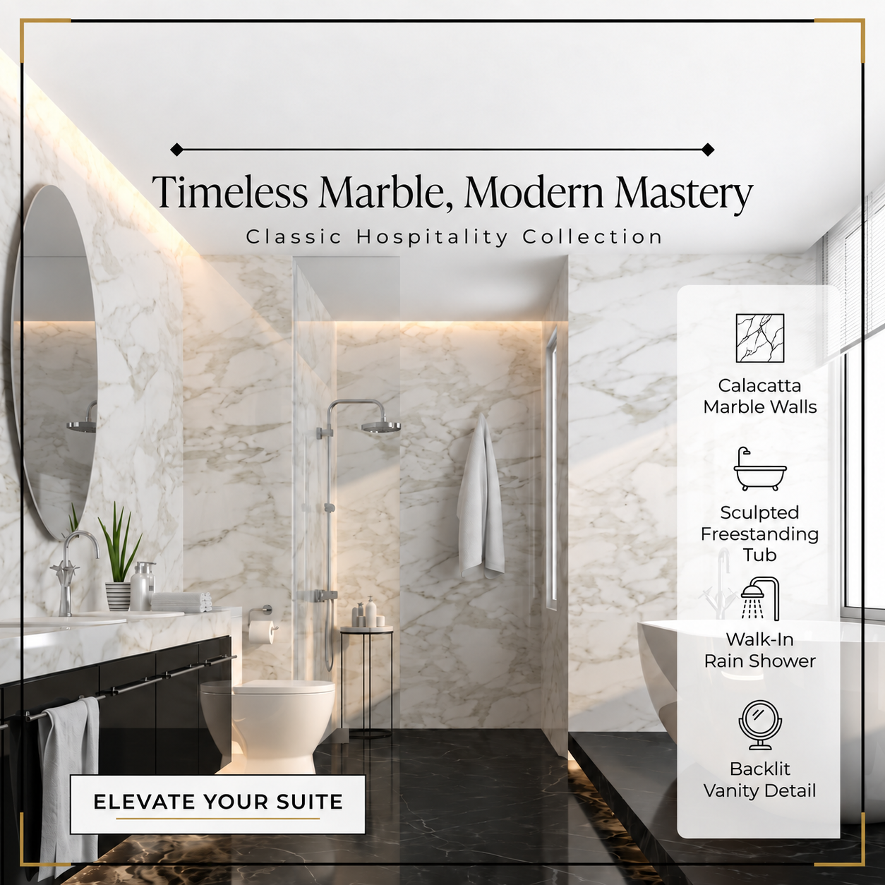 Marble bathroom suite with a freestanding bath, walk-in shower and dark vanity