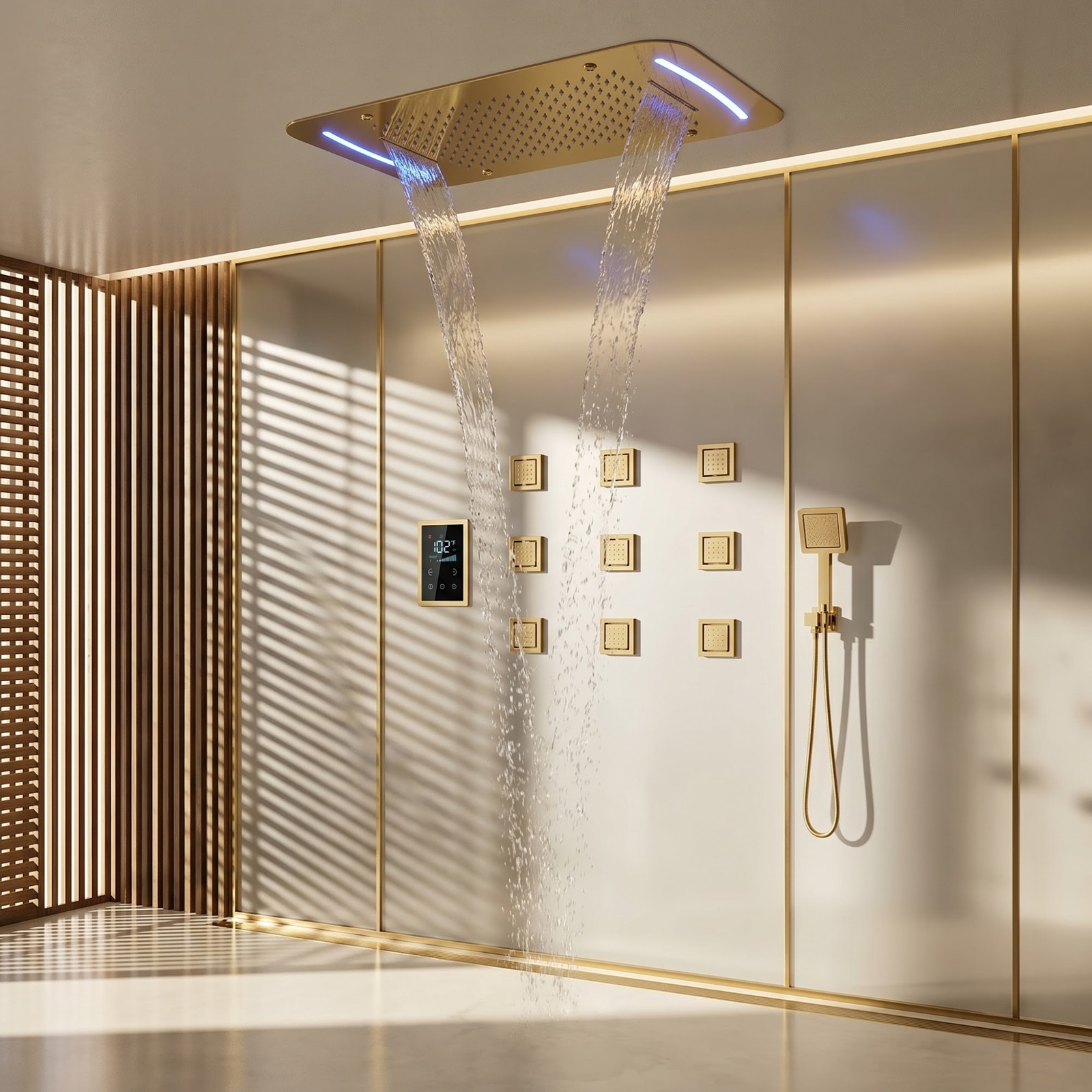 Luxury brushed gold shower system showing rainfall head and multi outlet architecture