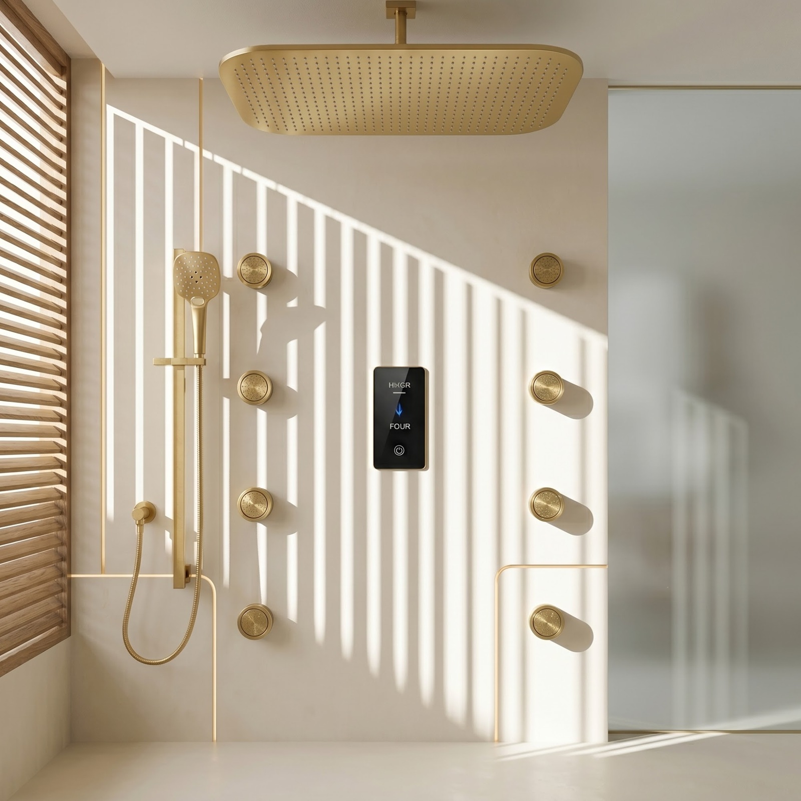 Brushed gold LED music shower system showing multiple outlets and controls