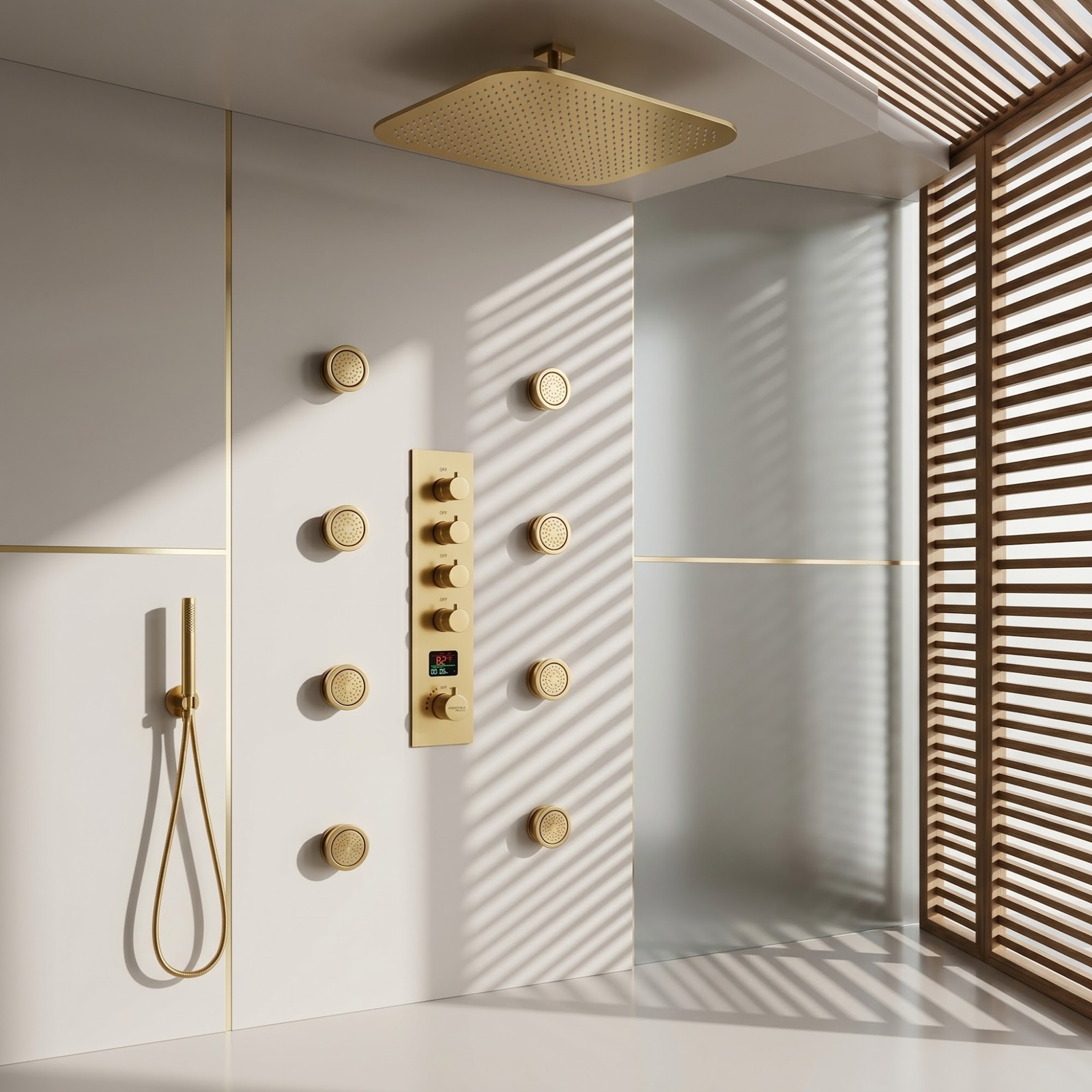 Gold thermostatic shower system showing showerhead controls and body jets
