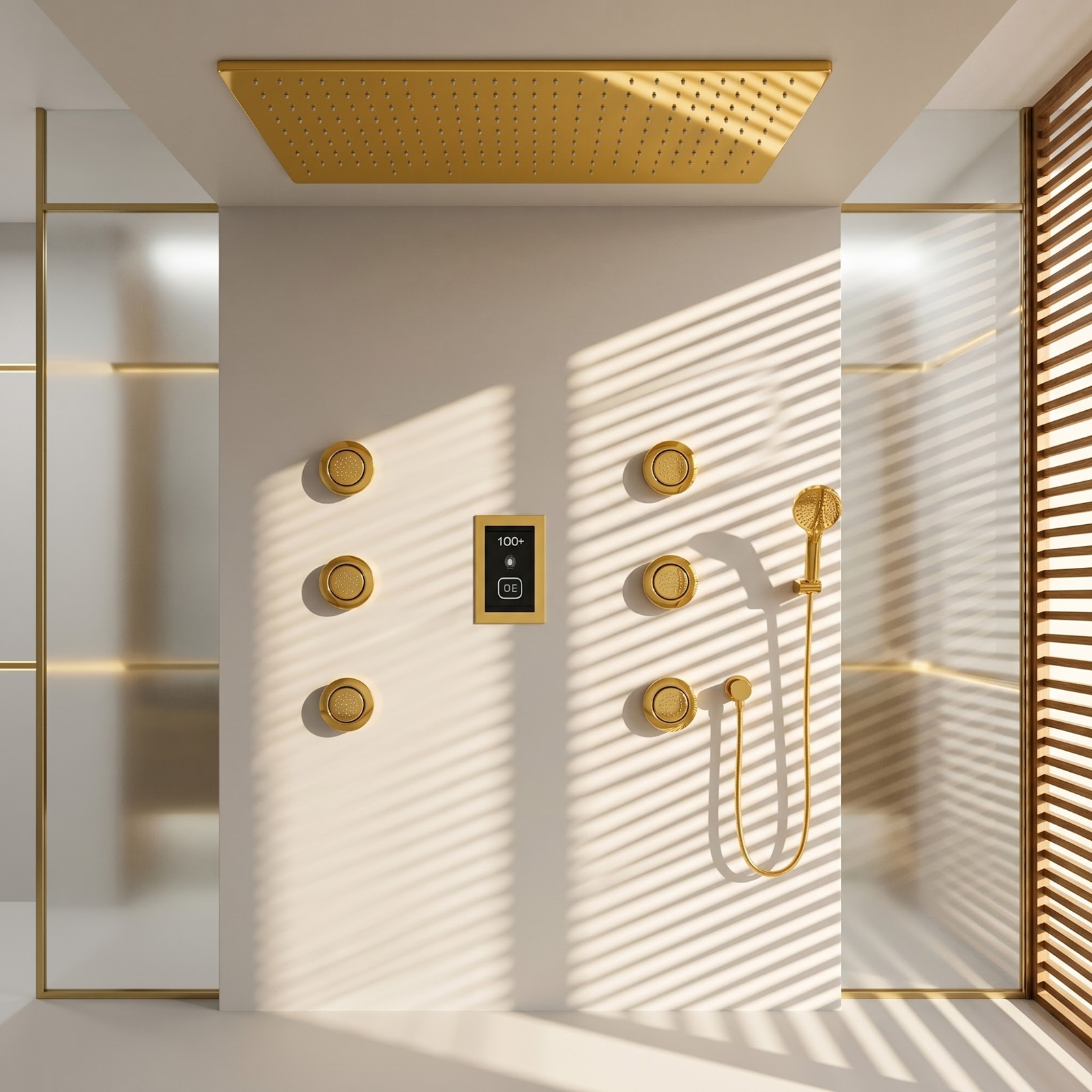 Brushed gold ceiling rainfall shower system with coordinated controls and handheld shower