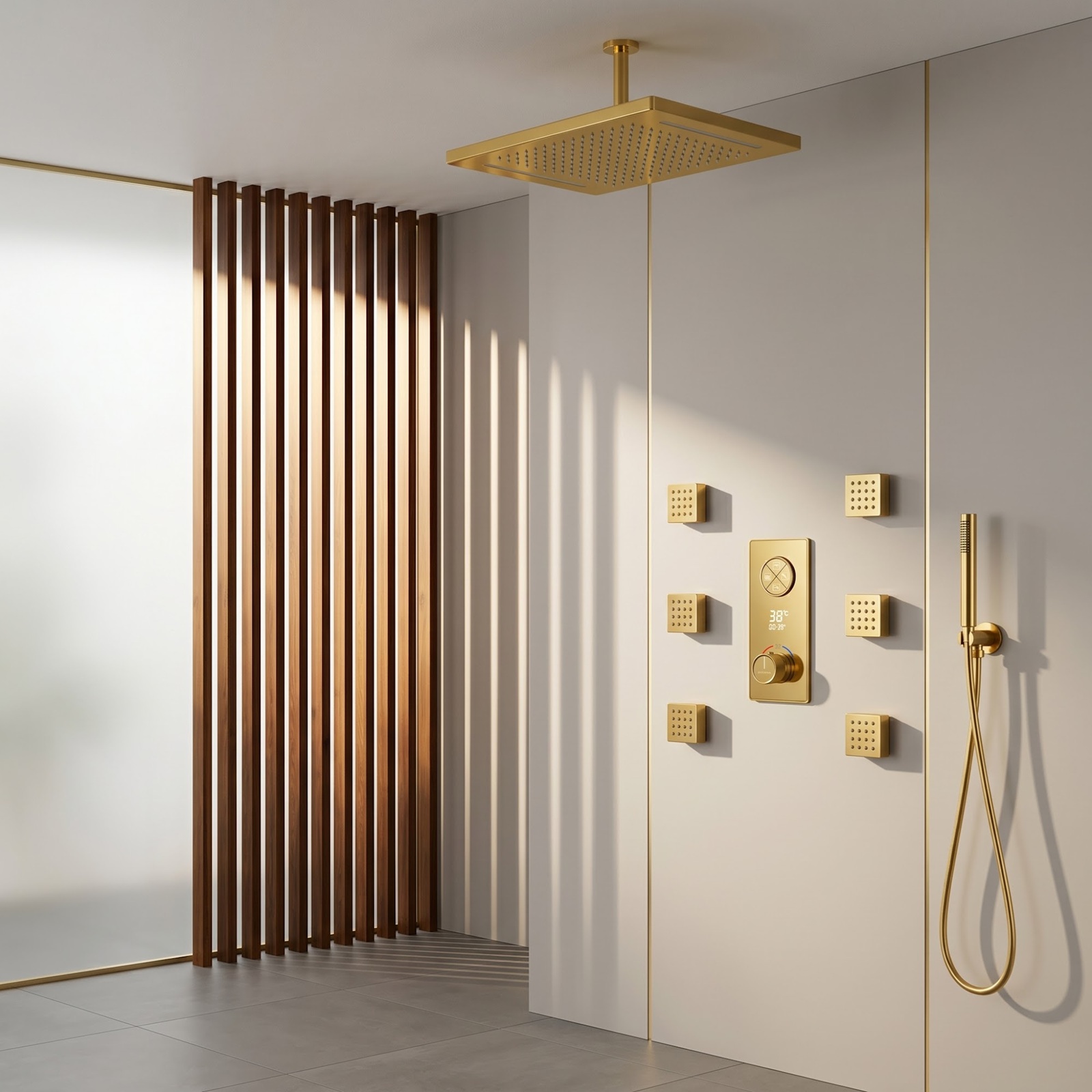 Gold thermostatic rainfall shower with body jets in square technical frame