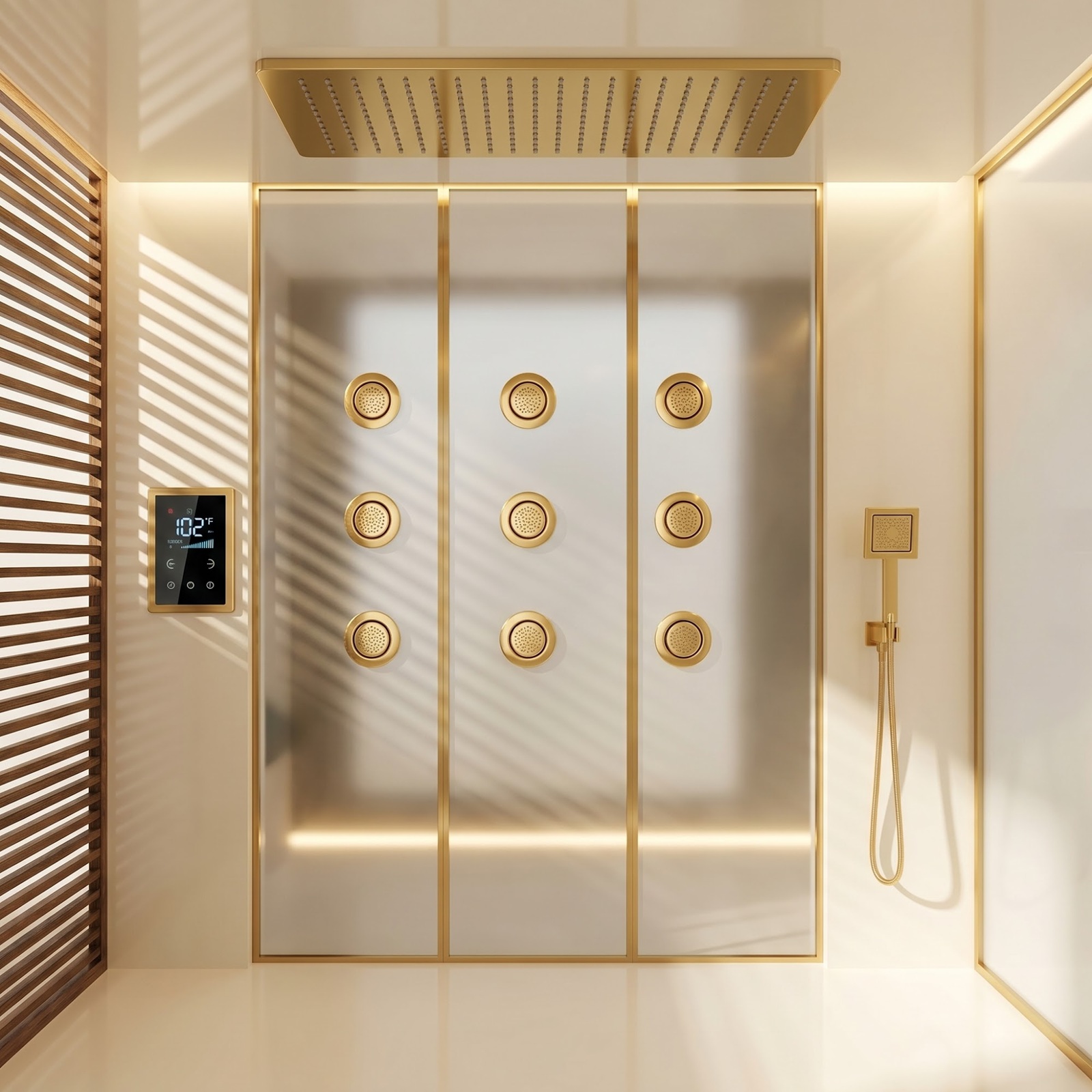 Brushed gold multi-outlet shower system in square architectural frame