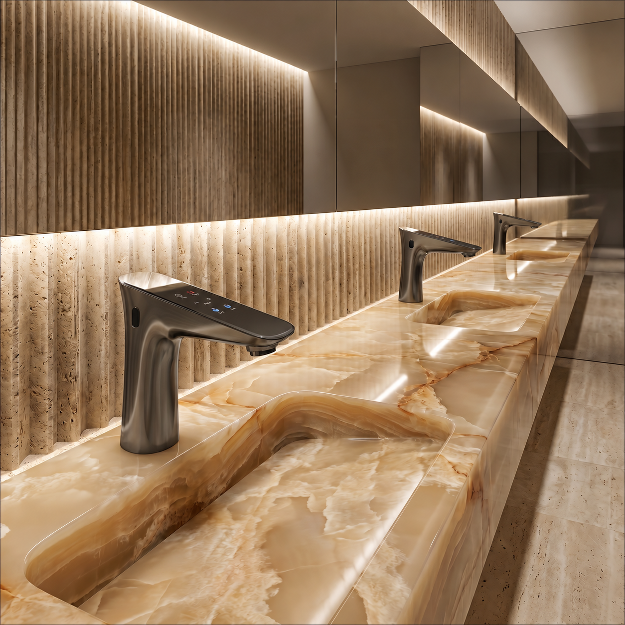Modern commercial restroom with multiple touchless faucets
