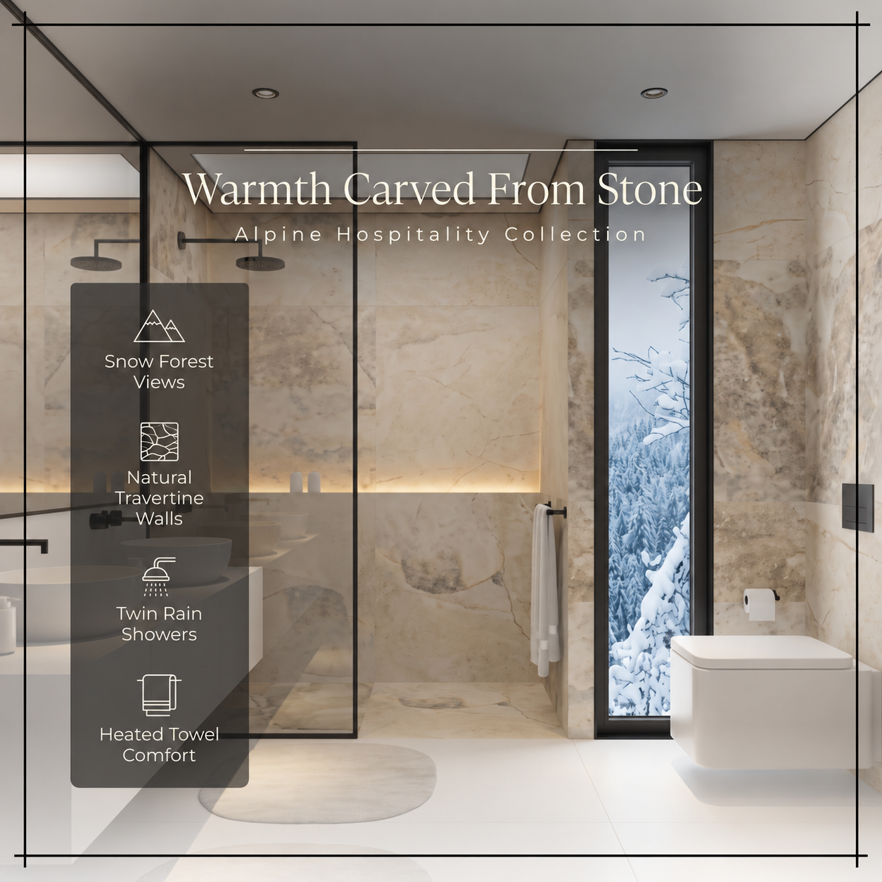 Stone bathroom with a freestanding bath, twin rain shower and large window