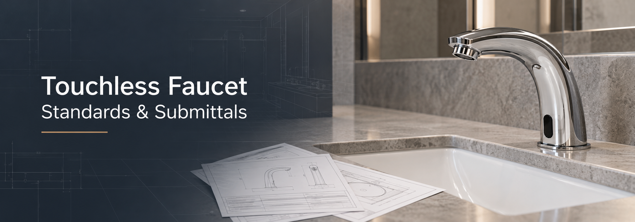 Architectural drawings in a blue Fontana Touchless Washroom Systems banner